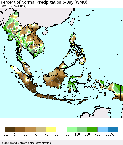 South East Asia Percent of Normal Precipitation 5-Day (WMO) Thematic Map For 10/1/2023 - 10/5/2023