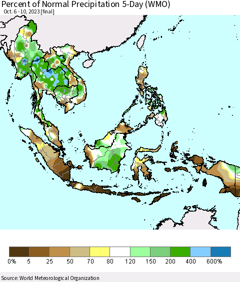 South East Asia Percent of Normal Precipitation 5-Day (WMO) Thematic Map For 10/6/2023 - 10/10/2023