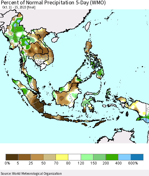 South East Asia Percent of Normal Precipitation 5-Day (WMO) Thematic Map For 10/11/2023 - 10/15/2023