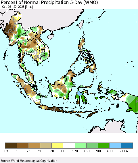 South East Asia Percent of Normal Precipitation 5-Day (WMO) Thematic Map For 10/16/2023 - 10/20/2023