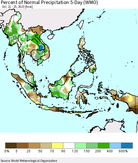 South East Asia Percent of Normal Precipitation 5-Day (WMO) Thematic Map For 10/21/2023 - 10/25/2023