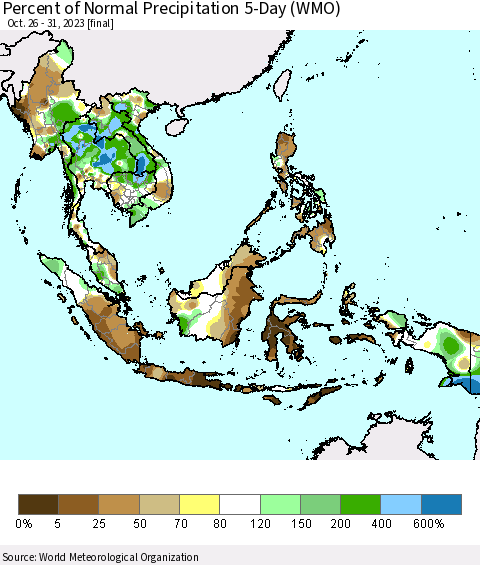 South East Asia Percent of Normal Precipitation 5-Day (WMO) Thematic Map For 10/26/2023 - 10/31/2023
