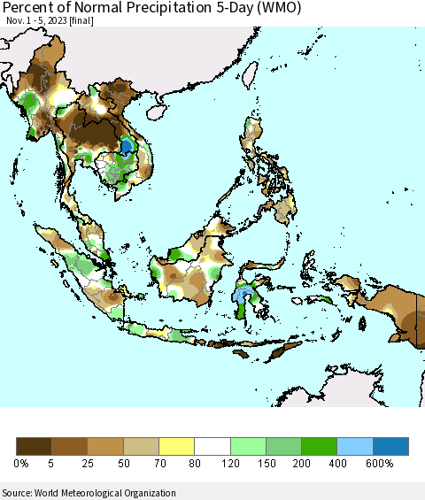 South East Asia Percent of Normal Precipitation 5-Day (WMO) Thematic Map For 11/1/2023 - 11/5/2023