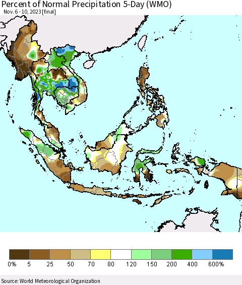 South East Asia Percent of Normal Precipitation 5-Day (WMO) Thematic Map For 11/6/2023 - 11/10/2023