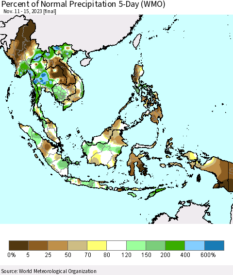 South East Asia Percent of Normal Precipitation 5-Day (WMO) Thematic Map For 11/11/2023 - 11/15/2023