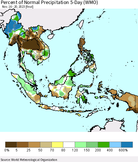 South East Asia Percent of Normal Precipitation 5-Day (WMO) Thematic Map For 11/16/2023 - 11/20/2023