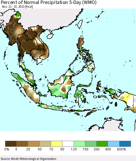 South East Asia Percent of Normal Precipitation 5-Day (WMO) Thematic Map For 11/21/2023 - 11/25/2023