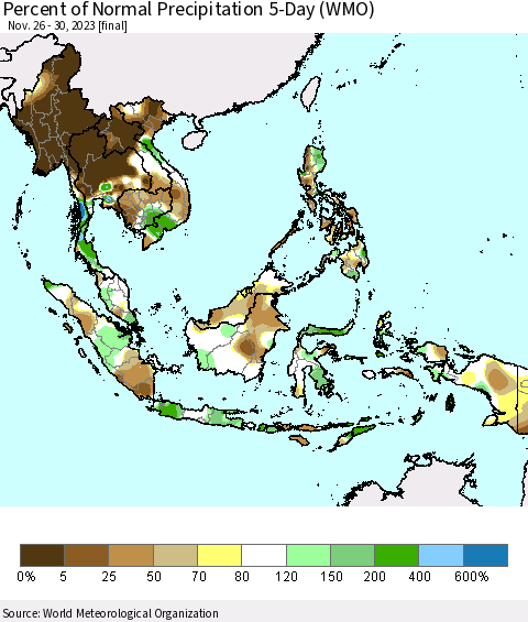 South East Asia Percent of Normal Precipitation 5-Day (WMO) Thematic Map For 11/26/2023 - 11/30/2023