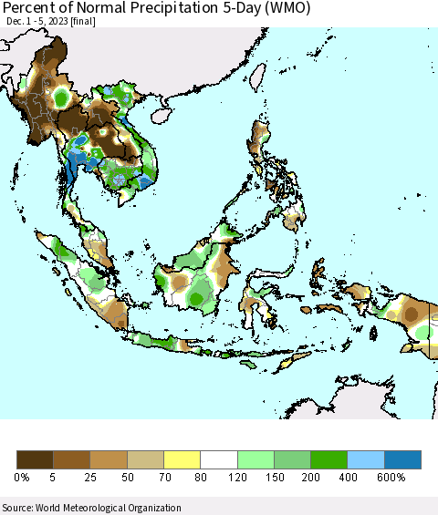 South East Asia Percent of Normal Precipitation 5-Day (WMO) Thematic Map For 12/1/2023 - 12/5/2023