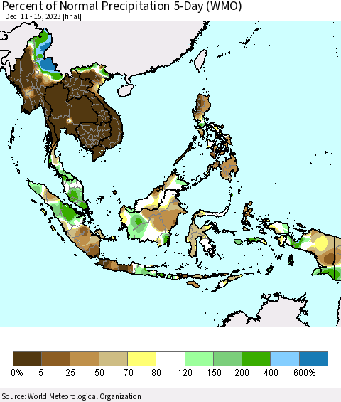 South East Asia Percent of Normal Precipitation 5-Day (WMO) Thematic Map For 12/11/2023 - 12/15/2023