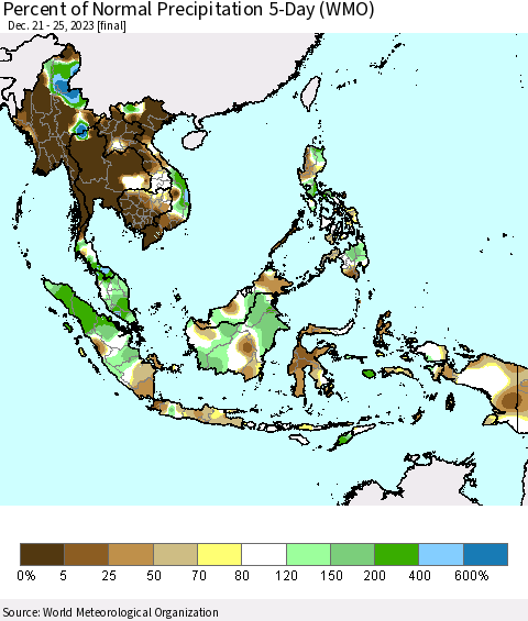 South East Asia Percent of Normal Precipitation 5-Day (WMO) Thematic Map For 12/21/2023 - 12/25/2023