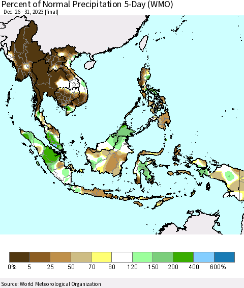 South East Asia Percent of Normal Precipitation 5-Day (WMO) Thematic Map For 12/26/2023 - 12/31/2023