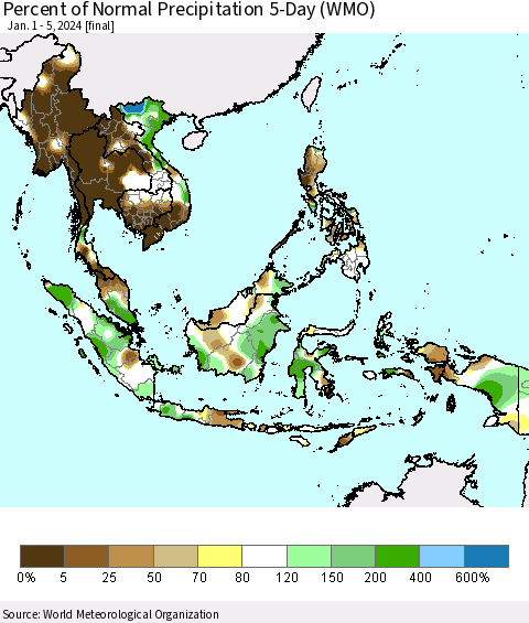 South East Asia Percent of Normal Precipitation 5-Day (WMO) Thematic Map For 1/1/2024 - 1/5/2024