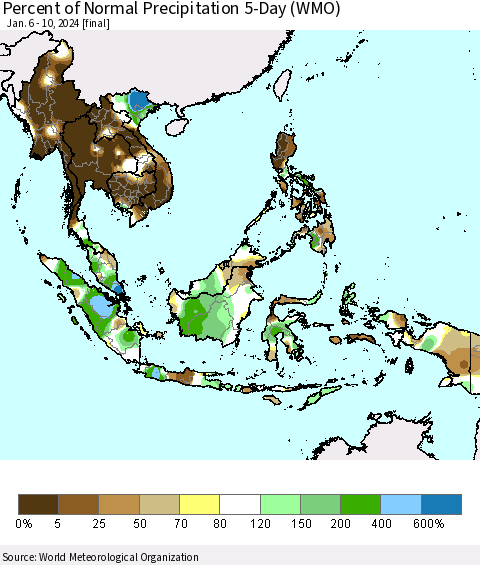 South East Asia Percent of Normal Precipitation 5-Day (WMO) Thematic Map For 1/6/2024 - 1/10/2024
