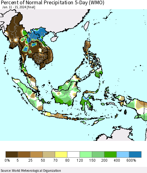 South East Asia Percent of Normal Precipitation 5-Day (WMO) Thematic Map For 1/11/2024 - 1/15/2024