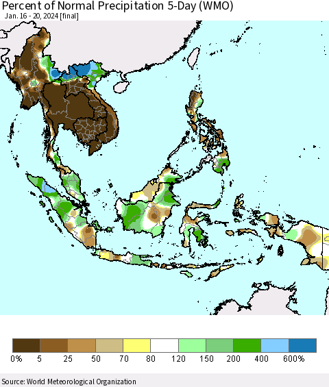 South East Asia Percent of Normal Precipitation 5-Day (WMO) Thematic Map For 1/16/2024 - 1/20/2024
