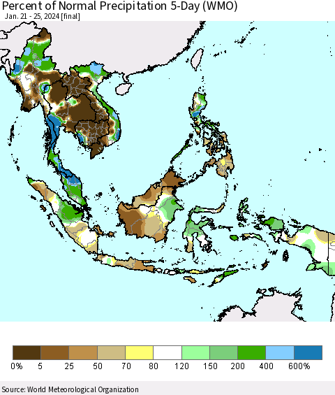 South East Asia Percent of Normal Precipitation 5-Day (WMO) Thematic Map For 1/21/2024 - 1/25/2024