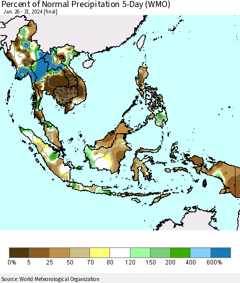 South East Asia Percent of Normal Precipitation 5-Day (WMO) Thematic Map For 1/26/2024 - 1/31/2024