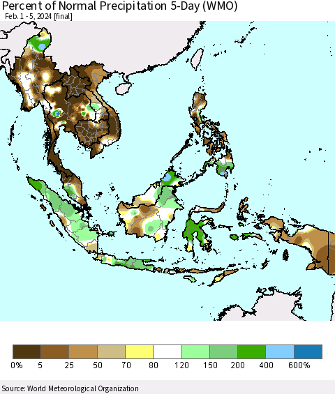 South East Asia Percent of Normal Precipitation 5-Day (WMO) Thematic Map For 2/1/2024 - 2/5/2024