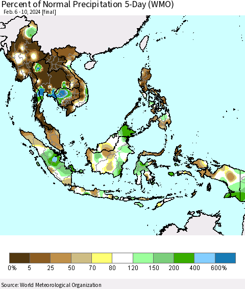 South East Asia Percent of Normal Precipitation 5-Day (WMO) Thematic Map For 2/6/2024 - 2/10/2024
