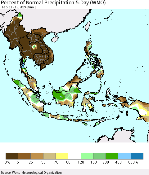South East Asia Percent of Normal Precipitation 5-Day (WMO) Thematic Map For 2/11/2024 - 2/15/2024