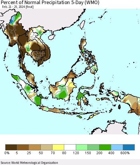 South East Asia Percent of Normal Precipitation 5-Day (WMO) Thematic Map For 2/21/2024 - 2/25/2024