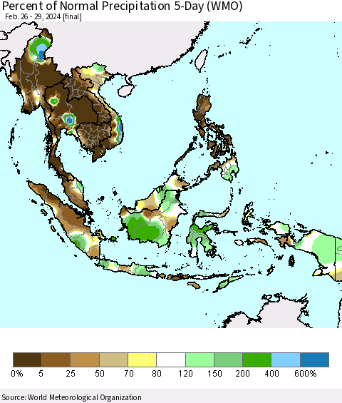South East Asia Percent of Normal Precipitation 5-Day (WMO) Thematic Map For 2/26/2024 - 2/29/2024