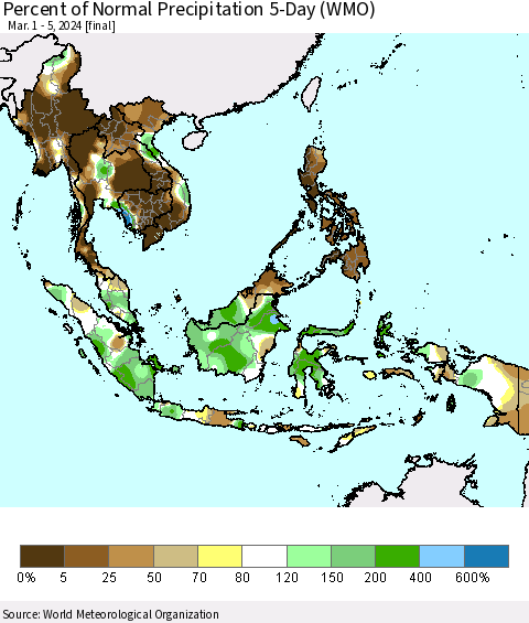 South East Asia Percent of Normal Precipitation 5-Day (WMO) Thematic Map For 3/1/2024 - 3/5/2024