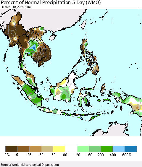 South East Asia Percent of Normal Precipitation 5-Day (WMO) Thematic Map For 3/6/2024 - 3/10/2024