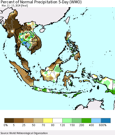 South East Asia Percent of Normal Precipitation 5-Day (WMO) Thematic Map For 3/11/2024 - 3/15/2024