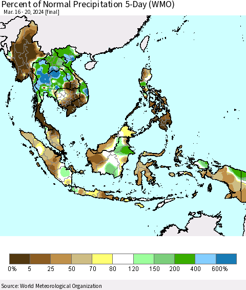 South East Asia Percent of Normal Precipitation 5-Day (WMO) Thematic Map For 3/16/2024 - 3/20/2024