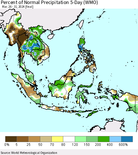 South East Asia Percent of Normal Precipitation 5-Day (WMO) Thematic Map For 3/26/2024 - 3/31/2024