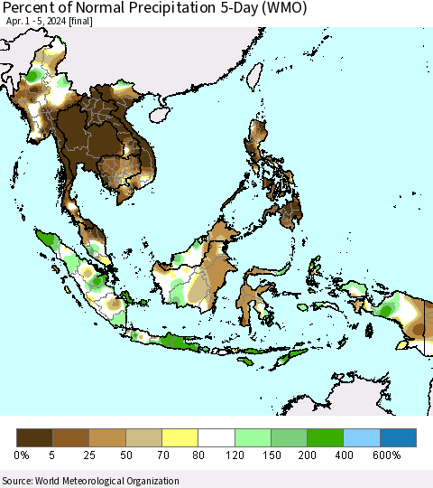 South East Asia Percent of Normal Precipitation 5-Day (WMO) Thematic Map For 4/1/2024 - 4/5/2024