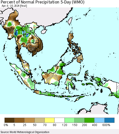 South East Asia Percent of Normal Precipitation 5-Day (WMO) Thematic Map For 4/6/2024 - 4/10/2024