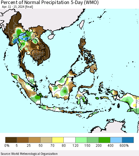 South East Asia Percent of Normal Precipitation 5-Day (WMO) Thematic Map For 4/11/2024 - 4/15/2024