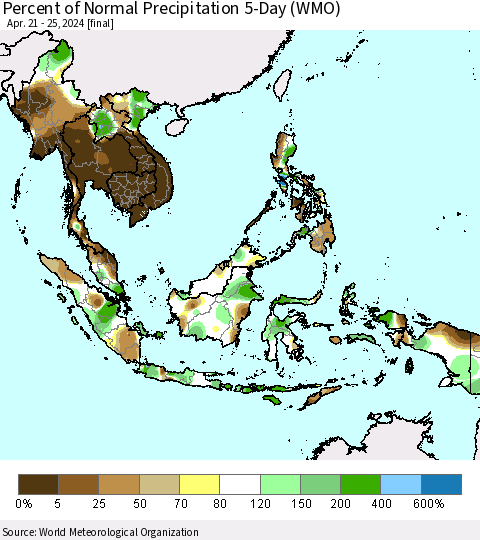South East Asia Percent of Normal Precipitation 5-Day (WMO) Thematic Map For 4/21/2024 - 4/25/2024