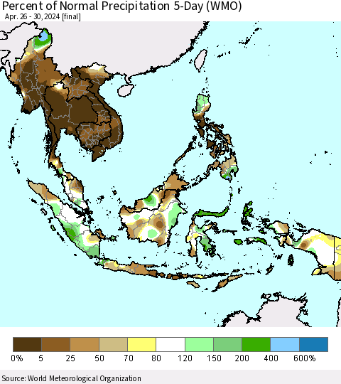 South East Asia Percent of Normal Precipitation 5-Day (WMO) Thematic Map For 4/26/2024 - 4/30/2024
