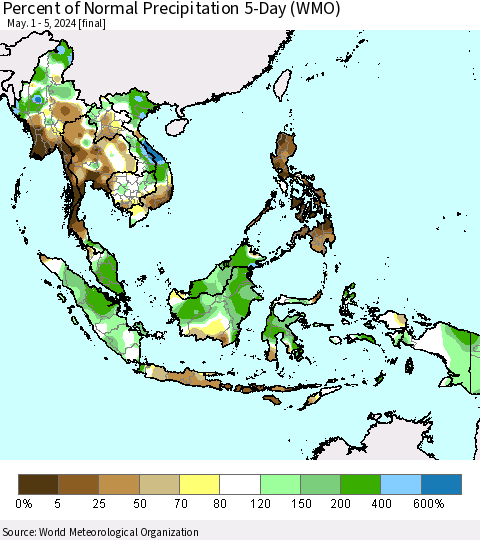 South East Asia Percent of Normal Precipitation 5-Day (WMO) Thematic Map For 5/1/2024 - 5/5/2024