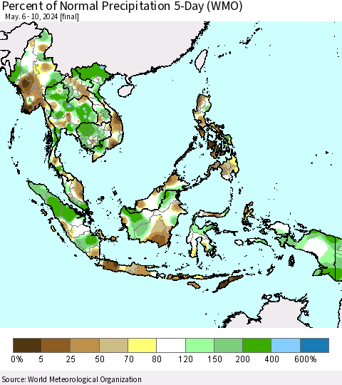 South East Asia Percent of Normal Precipitation 5-Day (WMO) Thematic Map For 5/6/2024 - 5/10/2024