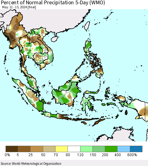 South East Asia Percent of Normal Precipitation 5-Day (WMO) Thematic Map For 5/11/2024 - 5/15/2024