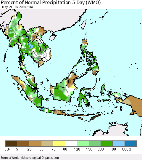 South East Asia Percent of Normal Precipitation 5-Day (WMO) Thematic Map For 5/21/2024 - 5/25/2024