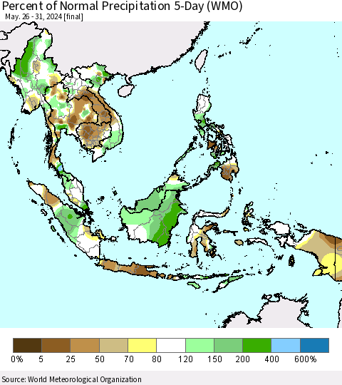 South East Asia Percent of Normal Precipitation 5-Day (WMO) Thematic Map For 5/26/2024 - 5/31/2024