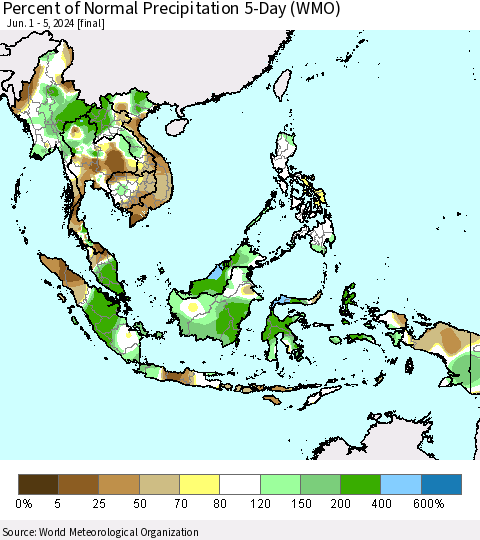South East Asia Percent of Normal Precipitation 5-Day (WMO) Thematic Map For 6/1/2024 - 6/5/2024