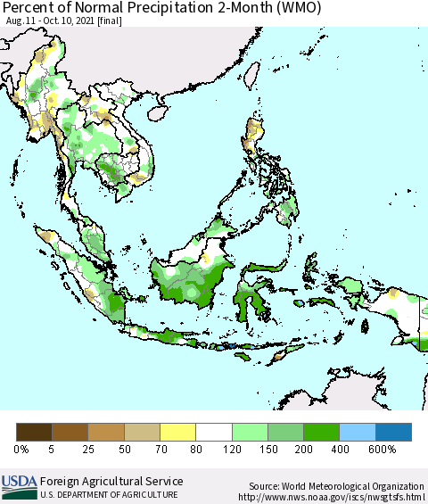 South East Asia Percent of Normal Precipitation 2-Month (WMO) Thematic Map For 8/11/2021 - 10/10/2021