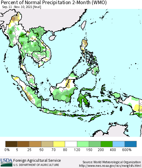 South East Asia Percent of Normal Precipitation 2-Month (WMO) Thematic Map For 9/11/2021 - 11/10/2021