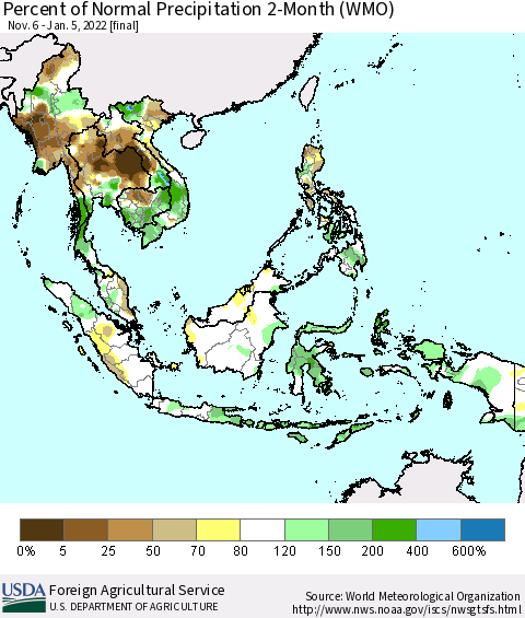 South East Asia Percent of Normal Precipitation 2-Month (WMO) Thematic Map For 11/6/2021 - 1/5/2022