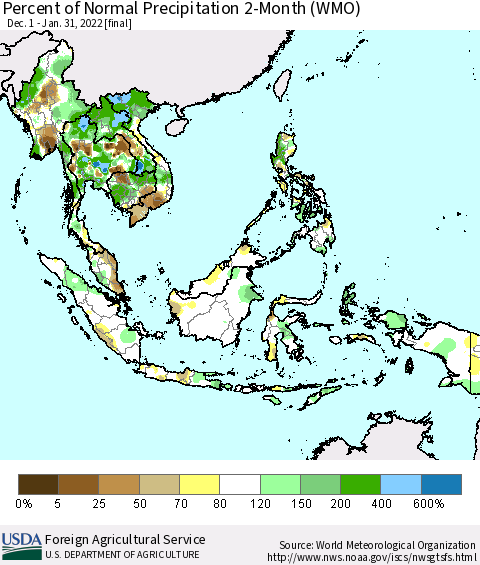 South East Asia Percent of Normal Precipitation 2-Month (WMO) Thematic Map For 12/1/2021 - 1/31/2022