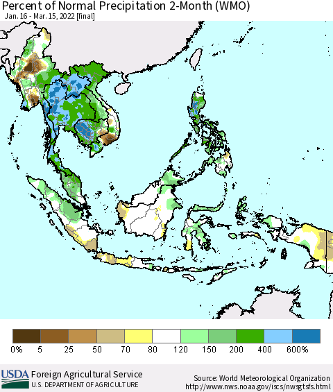 South East Asia Percent of Normal Precipitation 2-Month (WMO) Thematic Map For 1/16/2022 - 3/15/2022