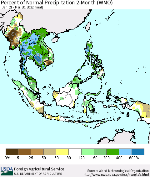 South East Asia Percent of Normal Precipitation 2-Month (WMO) Thematic Map For 1/21/2022 - 3/20/2022