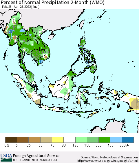 South East Asia Percent of Normal Precipitation 2-Month (WMO) Thematic Map For 2/26/2022 - 4/25/2022